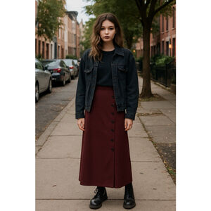 Vtg 80’s Women’s L Burgundy Houndstooth Skirt Button Front Maxi Dark Academia
